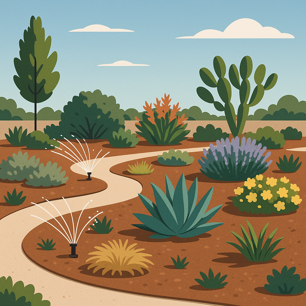 A landscaped yard showcasing water-efficient plants and irrigation systems for SNWA rebate eligibility.