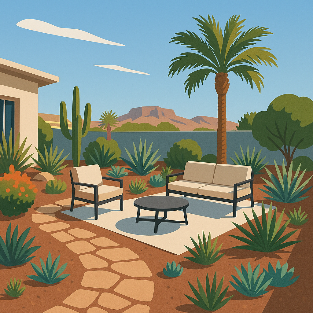 Custom landscaping in a Las Vegas backyard with plants and stone paths.