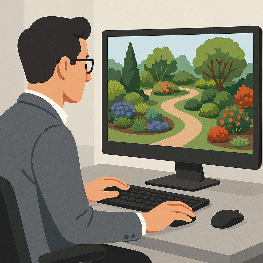 A landscape designer creating a 3D landscape design for a client project.