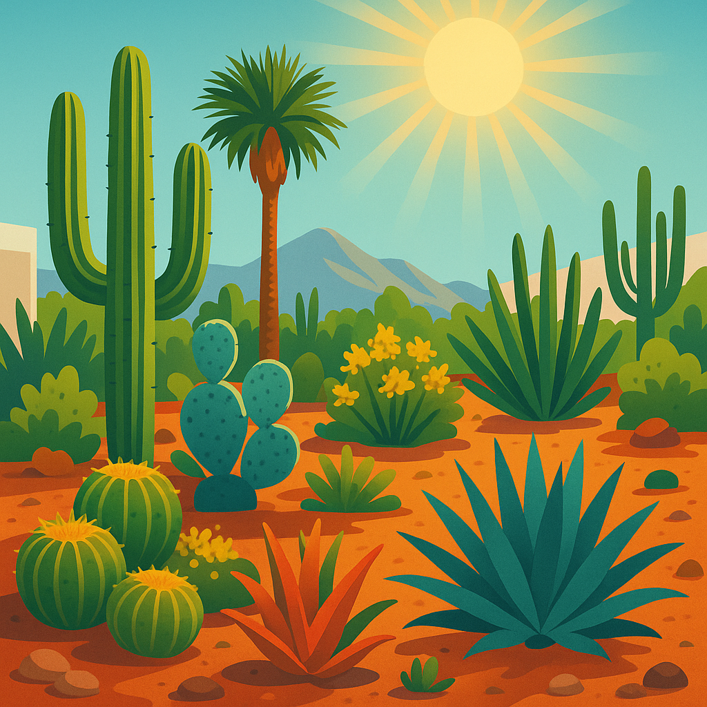 Desert plants thriving in a Las Vegas garden during hot summer weather.