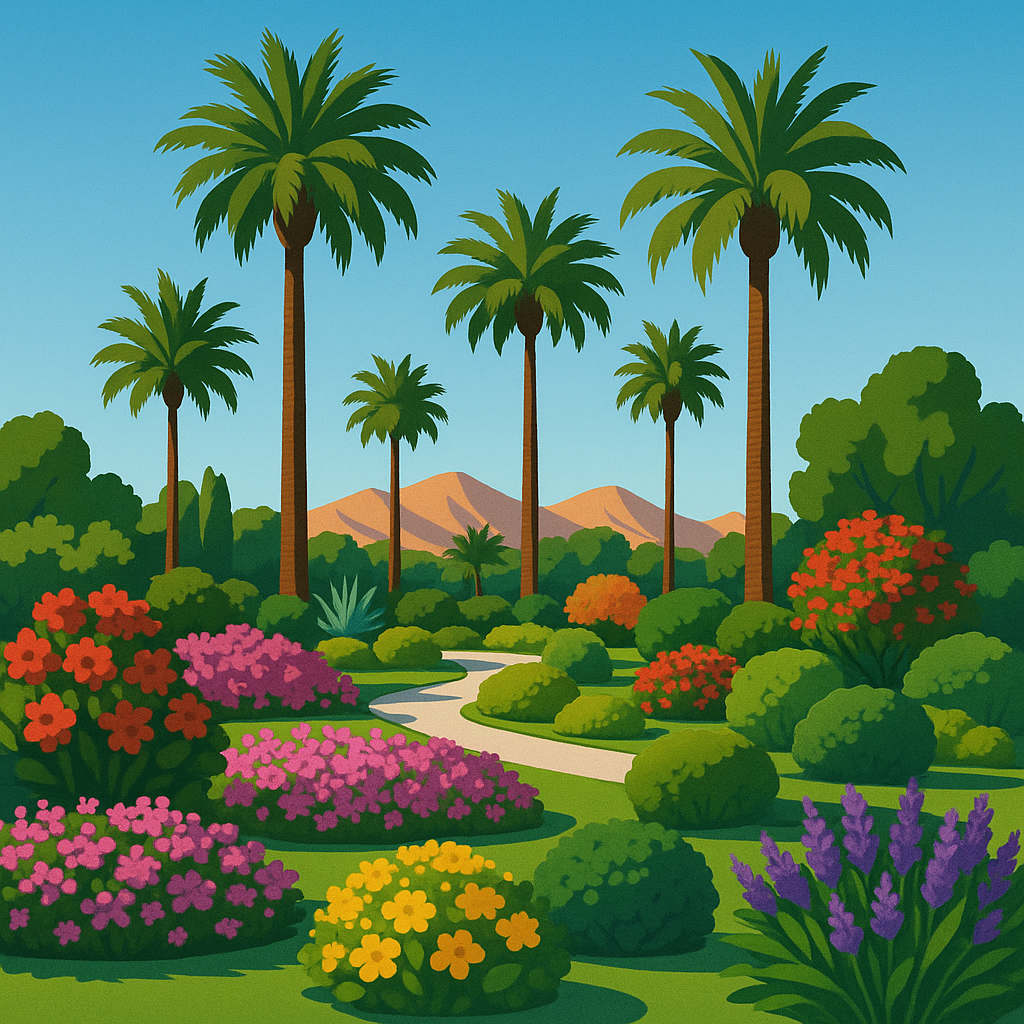 Lush landscaping in Las Vegas featuring colorful flowers and palm trees under a sunny sky.