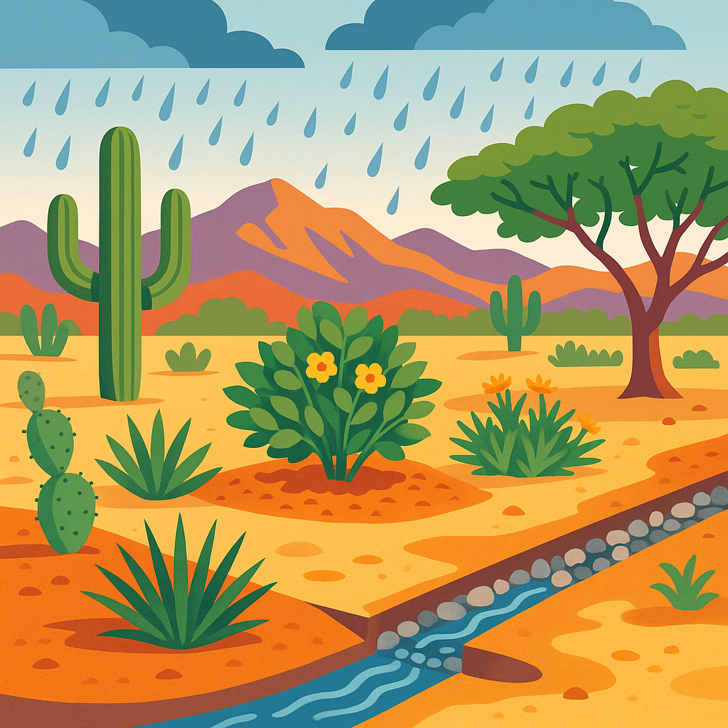 Lush desert landscape prepared for monsoon season with protective measures