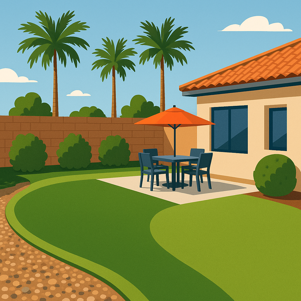 Comparison of synthetic turf and natural grass in a Las Vegas garden setting.