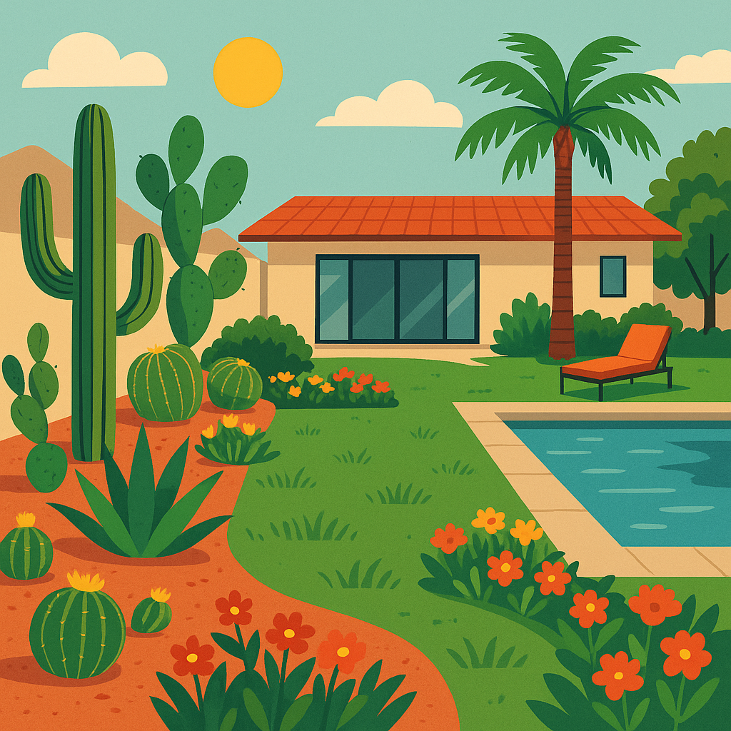 A comparison of desert and traditional landscaping in a Las Vegas backyard.