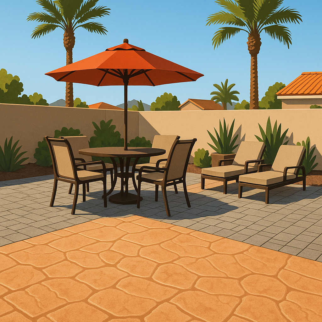 Las Vegas patio comparison of pavers and stamped concrete surfaces with distinct textures.