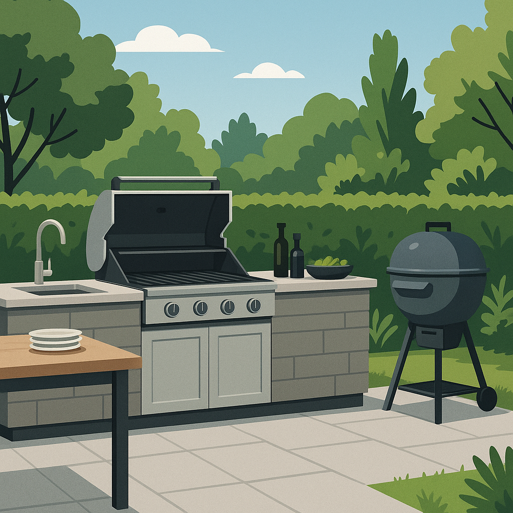 A comparison of built-in BBQ islands and freestanding grills in an outdoor kitchen.
