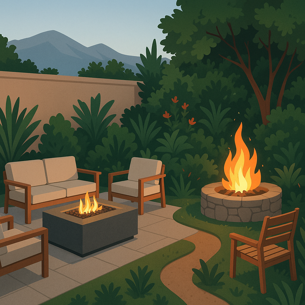 Gas and wood-burning fire features in a serene Nevada backyard landscape.