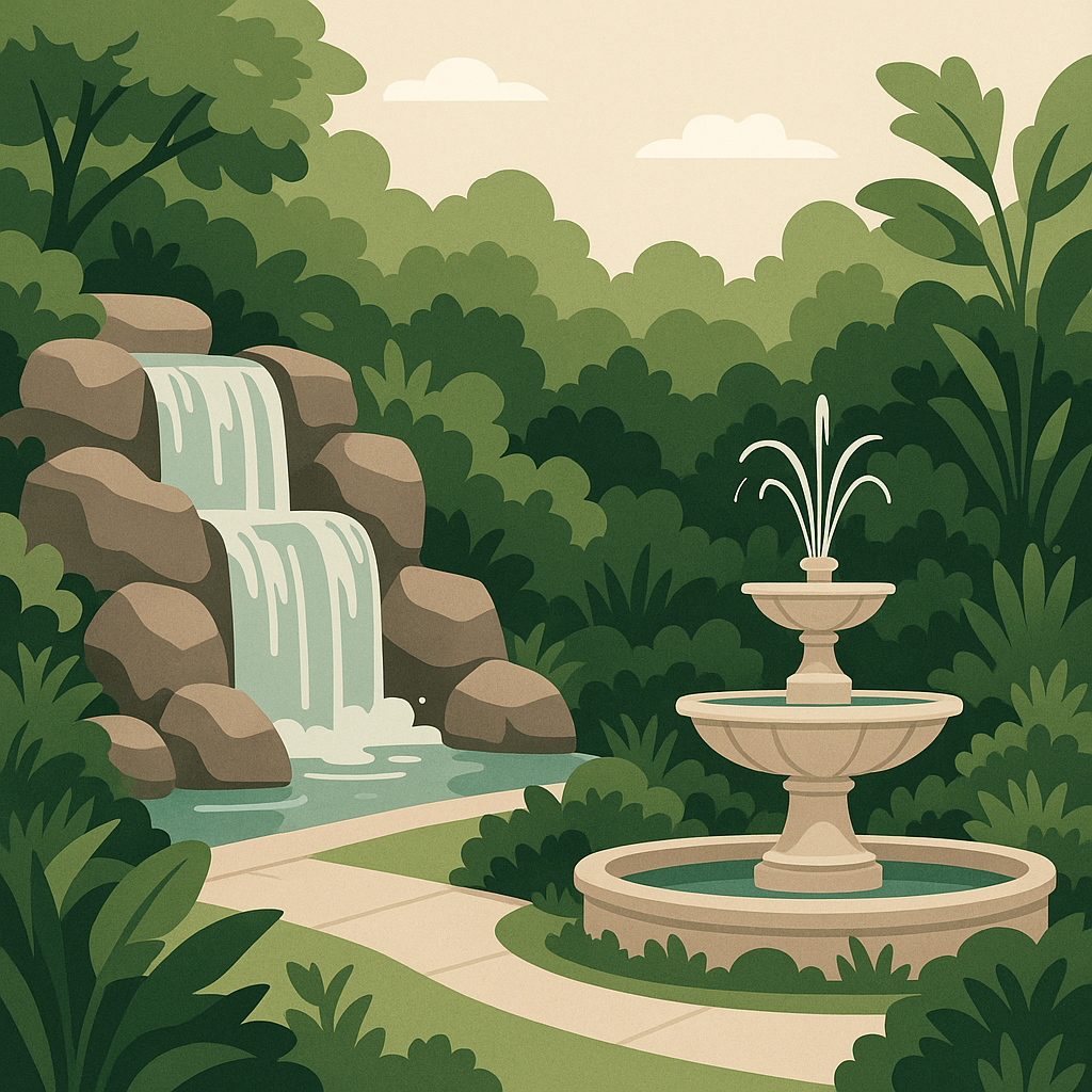 A beautiful garden with a waterfall and a fountain, highlighting landscaping options.