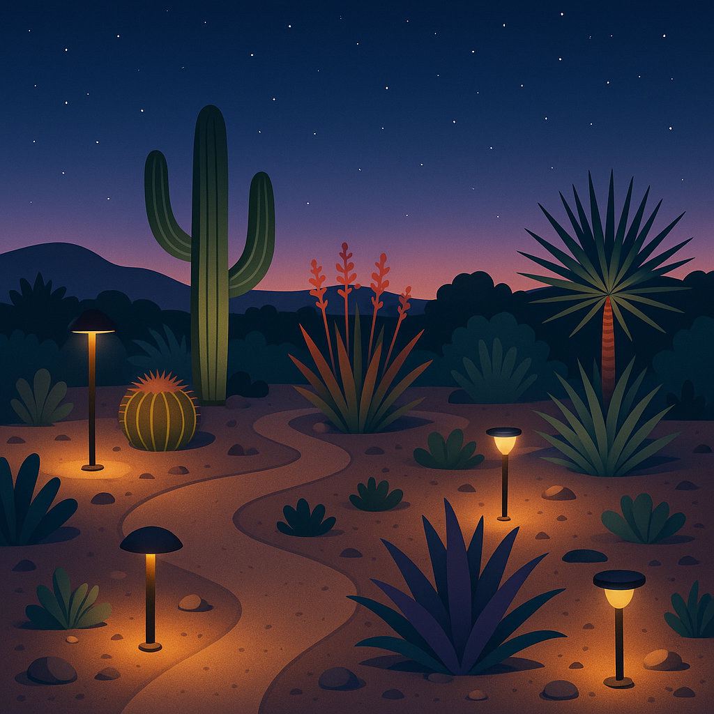Desert landscape with low-voltage LED and solar lights highlighting plants at dusk.