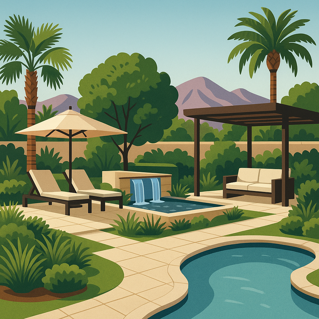 Lush Las Vegas backyard with shade, water features, and greenery to beat the heat.