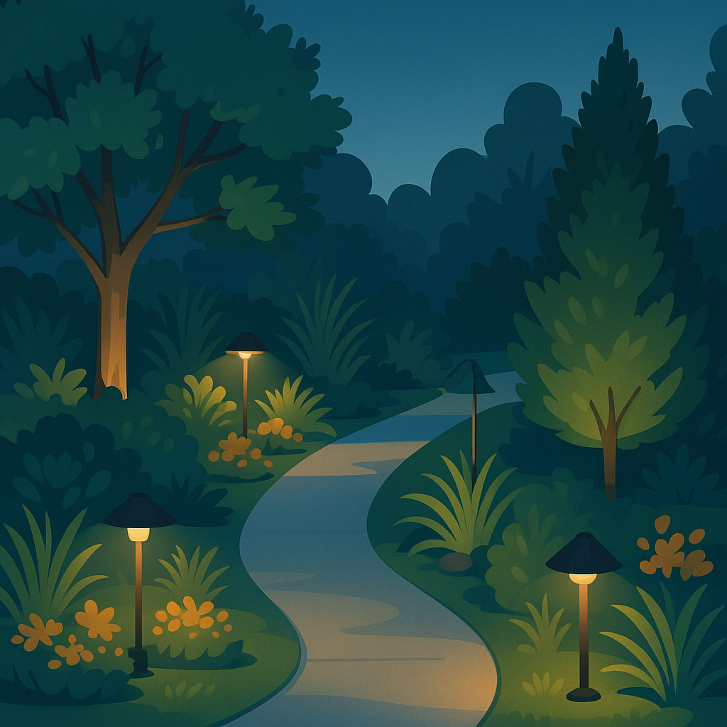 Well-lit garden pathway showcasing various landscape lighting designs in a tranquil setting.