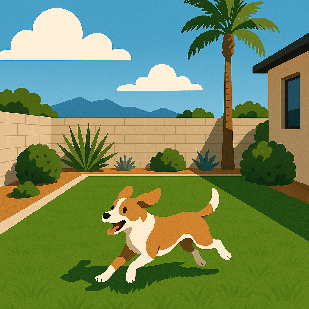 A dog playing on synthetic turf in a Las Vegas backyard during summer.