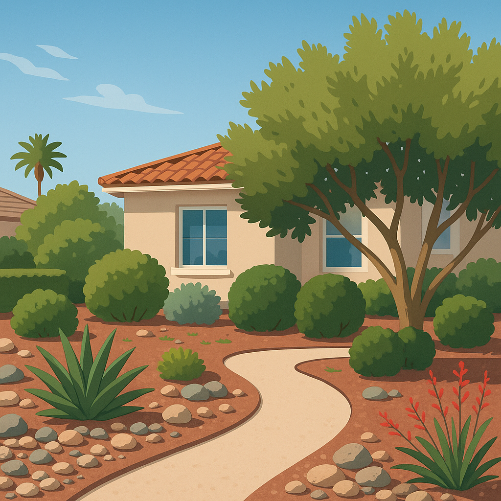 A well-designed HOA-approved landscape in Summerlin with lush greenery and decorative elements.