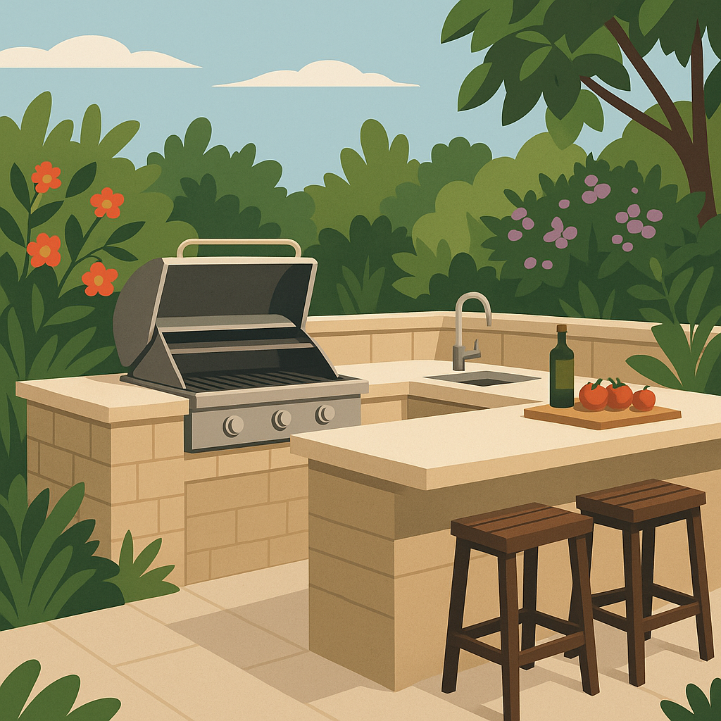 Stylish outdoor kitchen with grill and seating in a lush garden setting