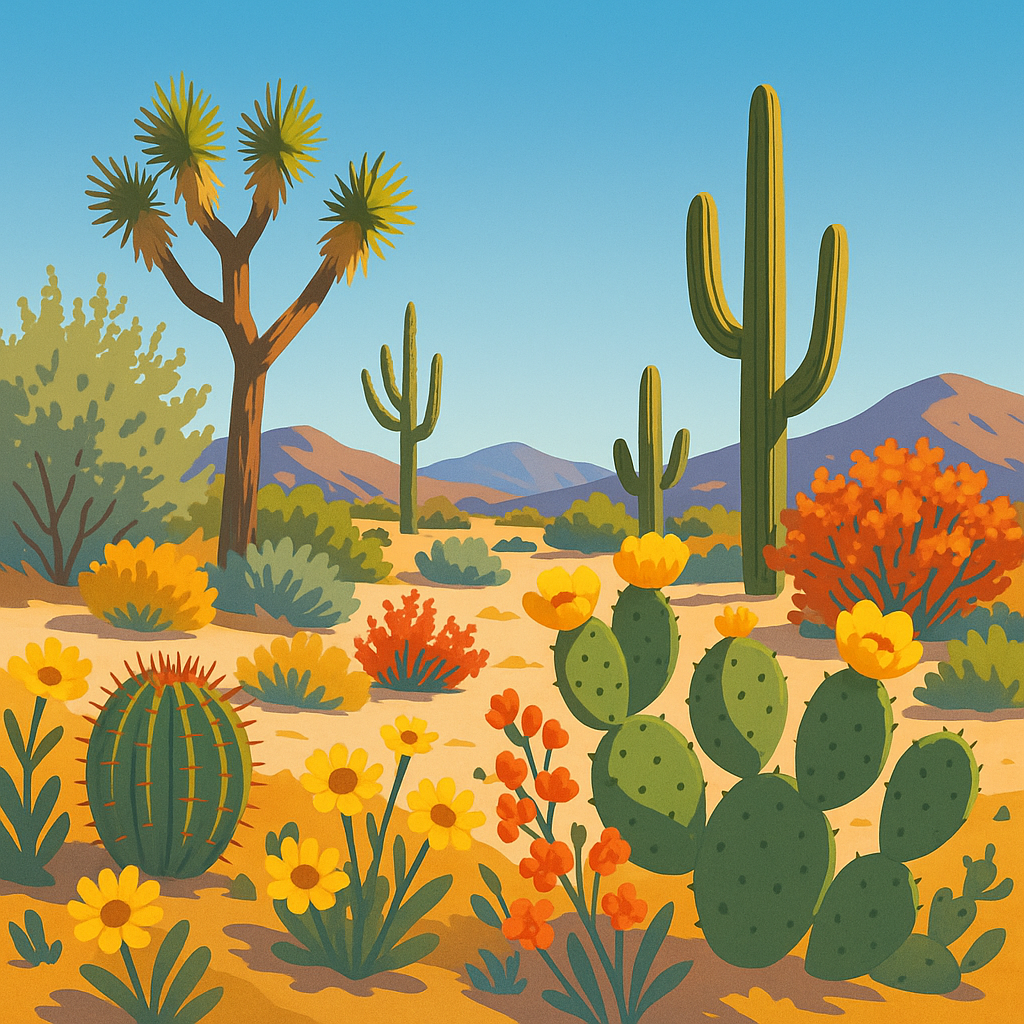 Mojave Desert landscape showcasing native plants recommended for landscaping.