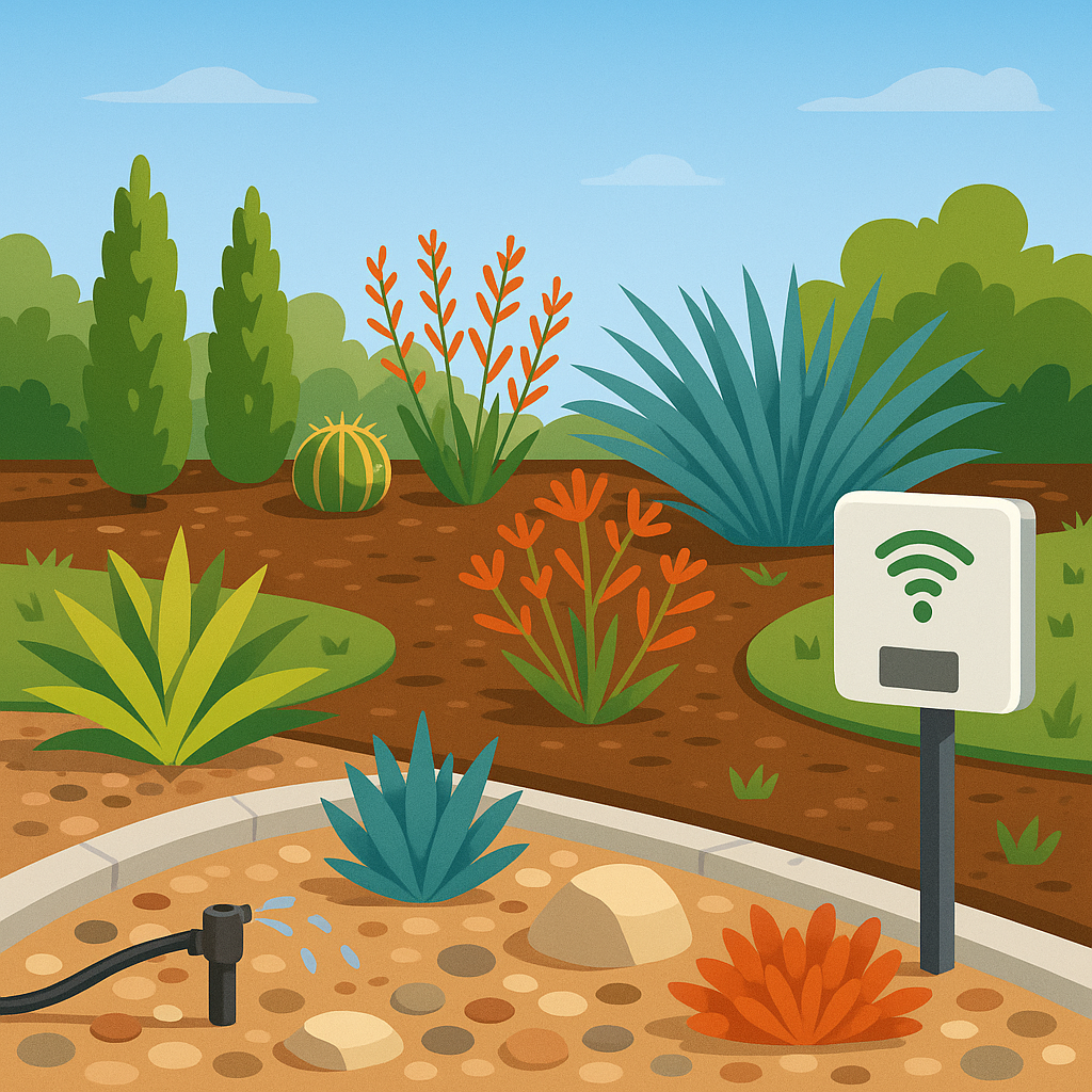 A beautiful water-smart landscape showcasing drought-resistant plants and efficient irrigation systems.