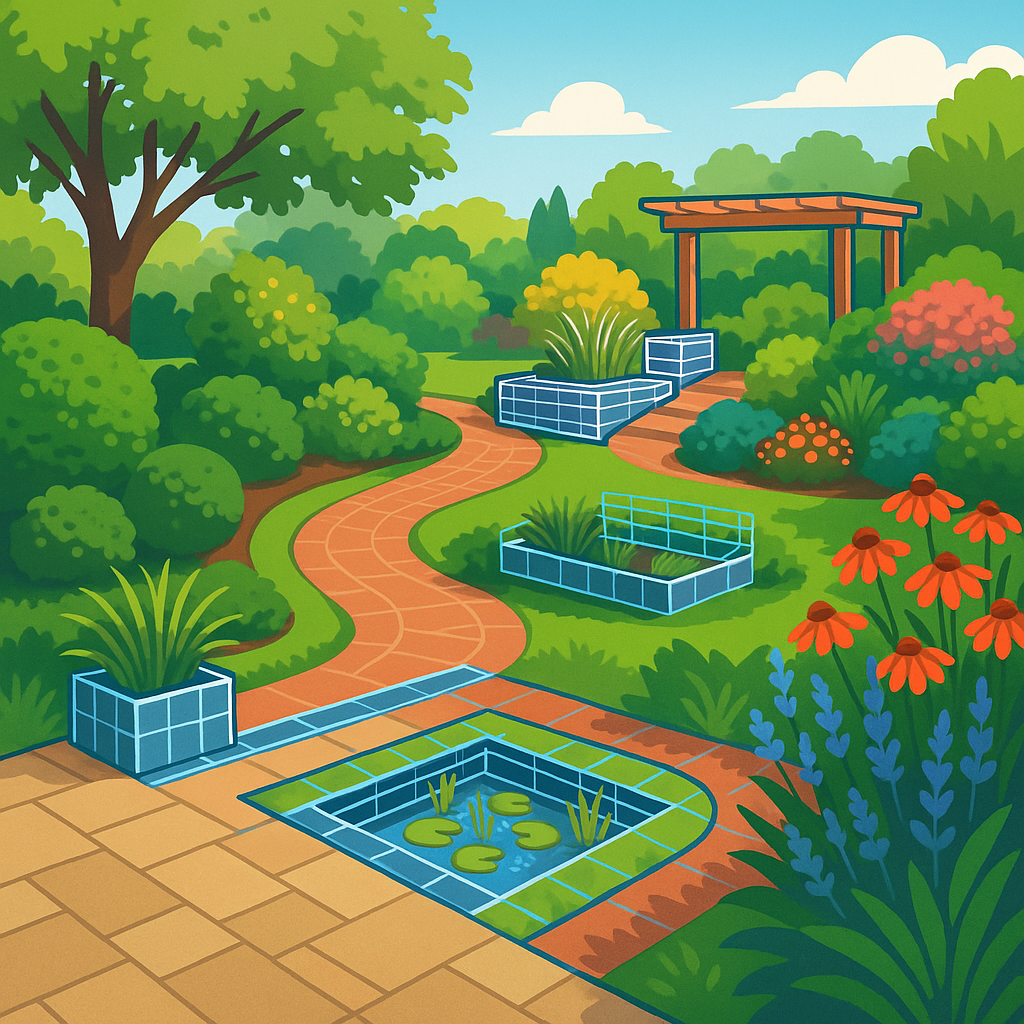 Beautiful landscaped garden with 3D design blueprints illustrating the landscaping process.