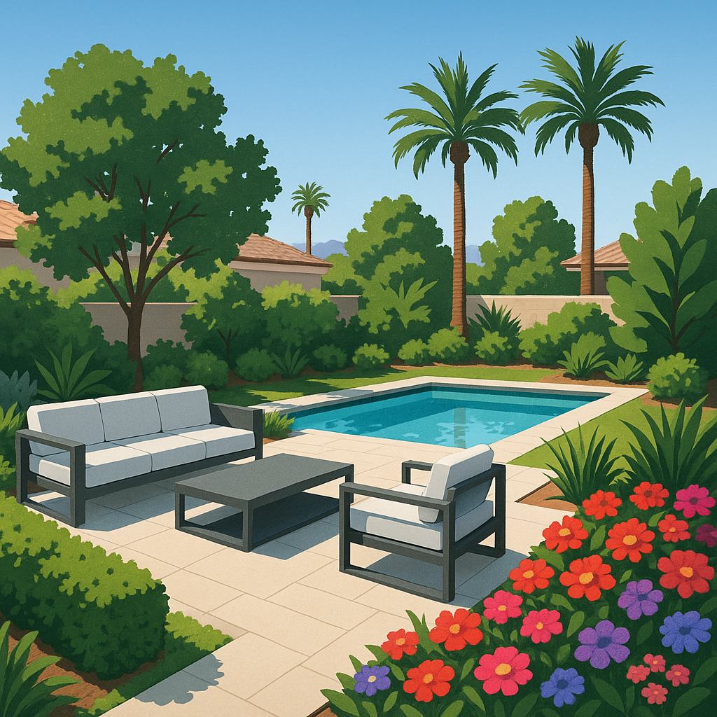 Transformed Las Vegas backyard showcasing landscaping by Chip-N-Dale's with greenery and outdoor furniture.