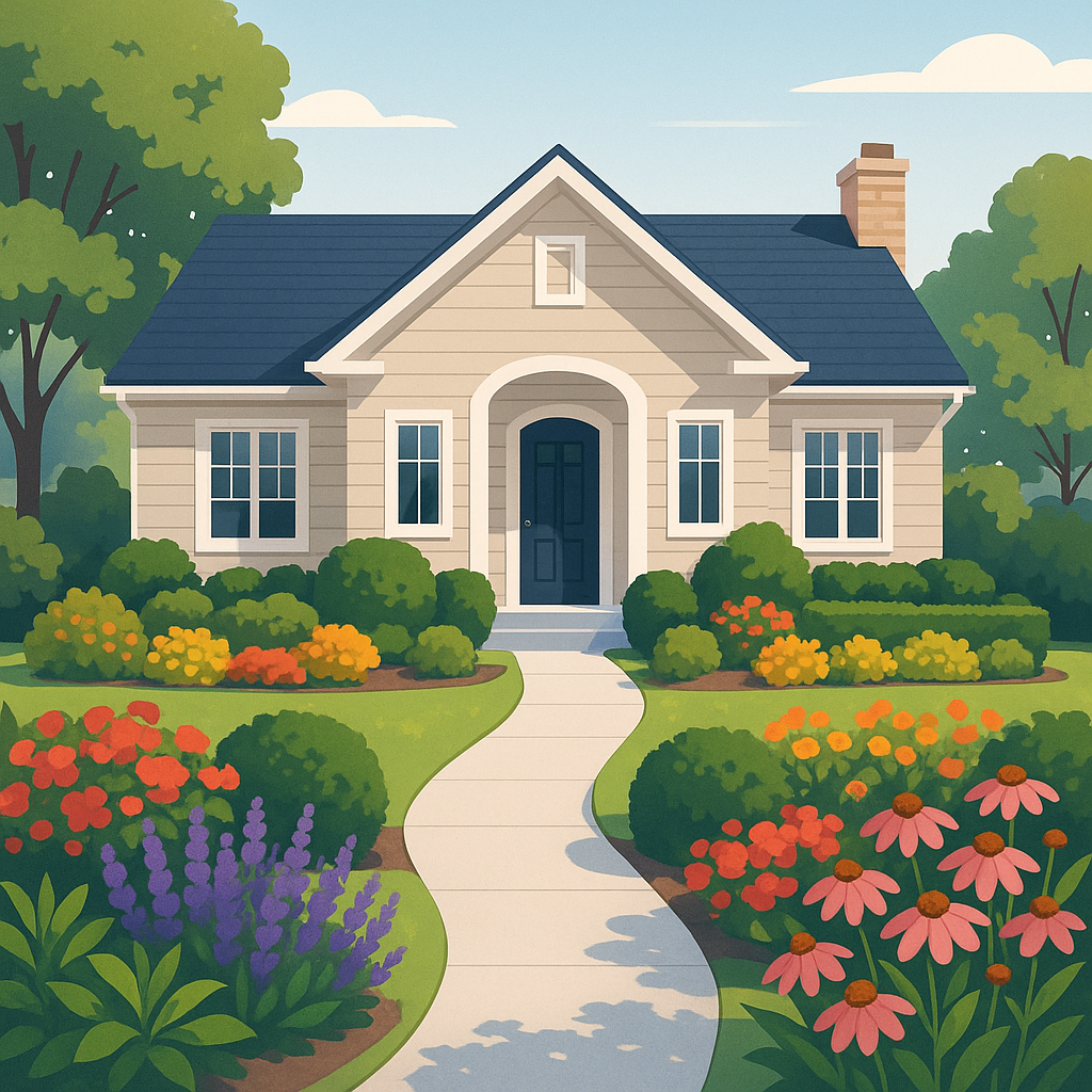 Lush front yard landscaping showcasing vibrant flowers and neatly trimmed hedges.