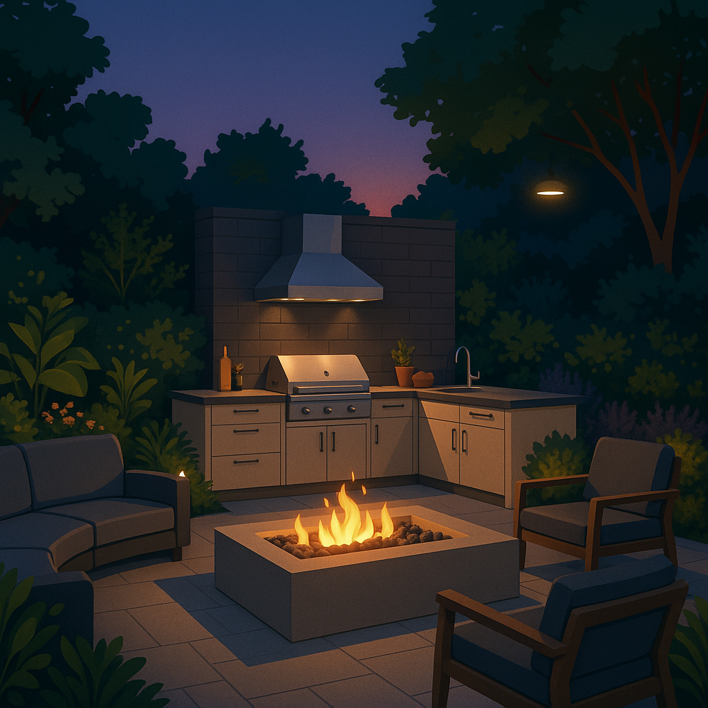 Outdoor kitchen and fire feature designed for entertainment, enhancing outdoor living space.