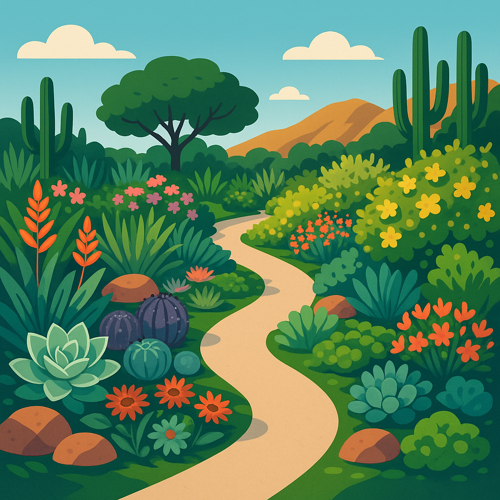 Transformed desert landscape showcasing vibrant gardens and pathways by Chip N Dales Landscaping.