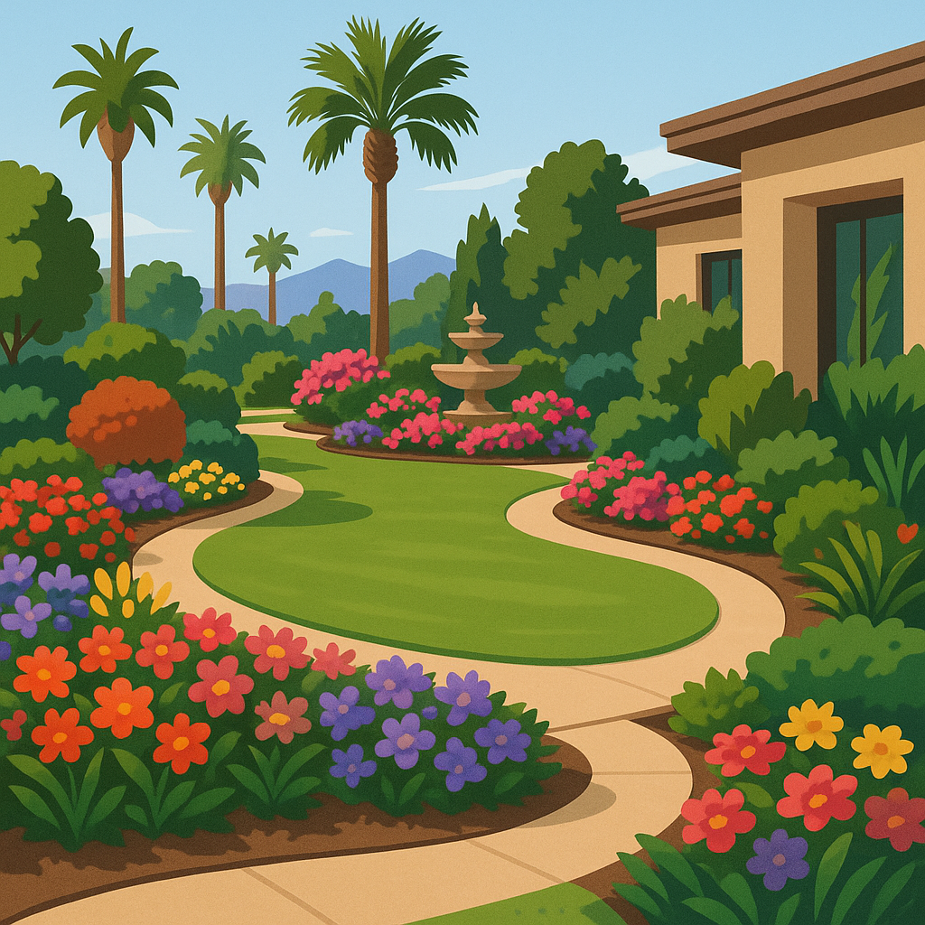 Beautifully landscaped yard in Henderson, featuring vibrant flowers and professional design.