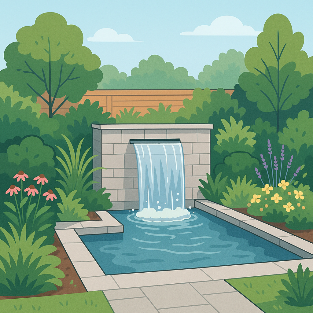 Beautifully designed water feature and waterfall in a landscaped garden, showcasing Chip N Dales Landscaping installations.
