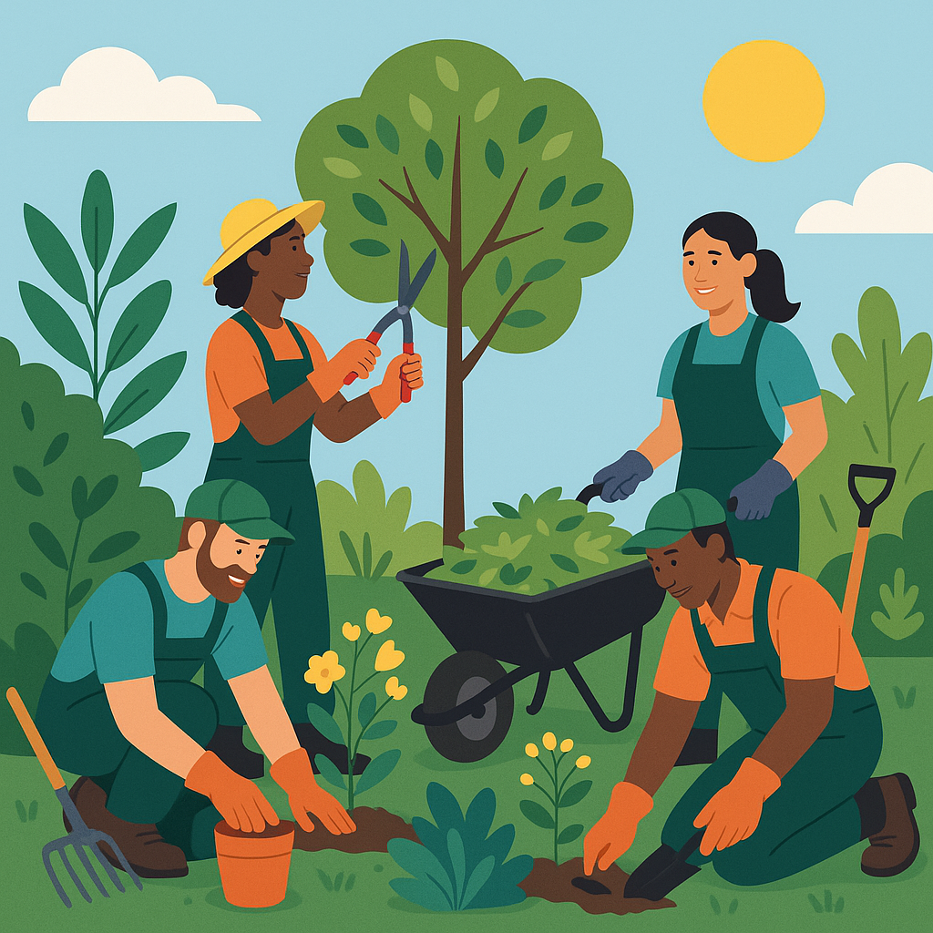 Professional landscapers from Chip N Dales working in a vibrant garden setting.
